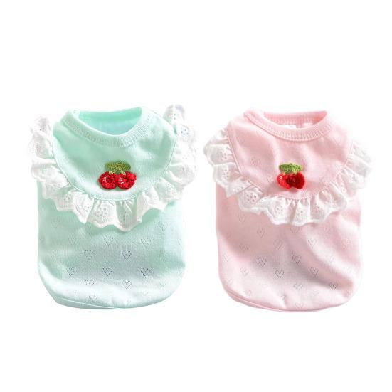 Pet Sleeveless Shirt Spring Summer Lace Ruffle Embroidery Cherry Small Breed Dogs Cats Clothes Breathable Pet Costume Outfit Apparel