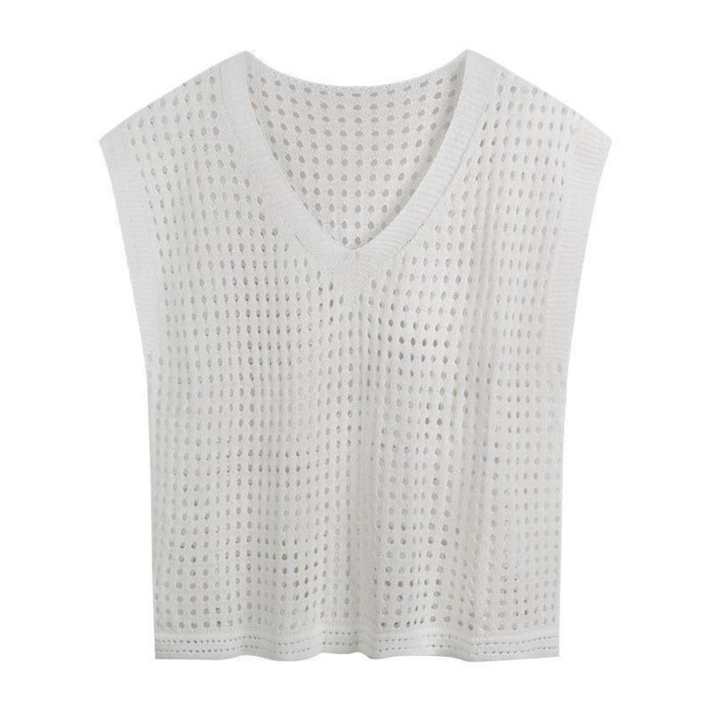 V-neck Hollow Out Knit T-shirt Oversized Beach Crochet Sweater Vest Leisure   Streetwear