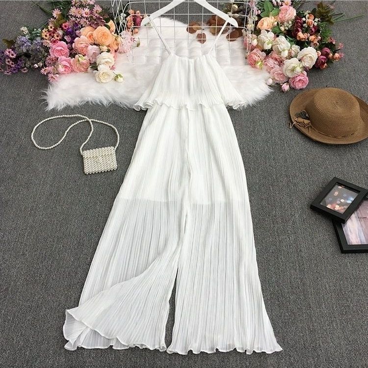 

Комбинезон из шифона с высокой талией, плиссированный, с прямыми широкими брюками-клеш, модный цельный наряд для женщин One size белый