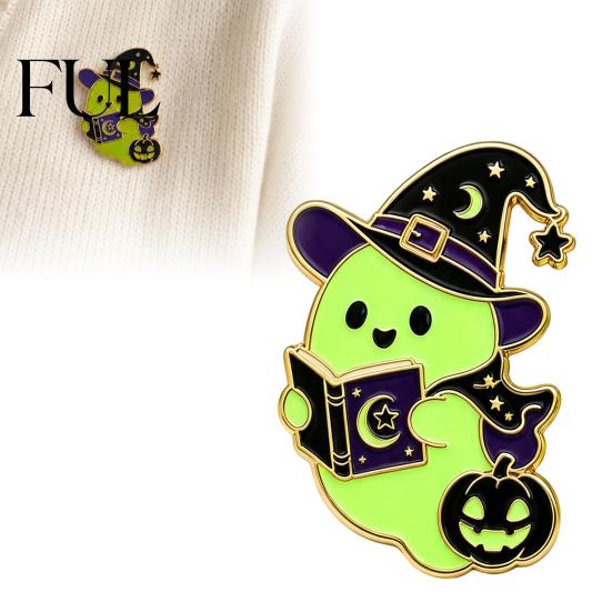 Halloween Party Brooch Witch Hat Ghost Enamel Brooch, Glow-in-the-Dark Cartoon Clothes Badge Pin, Holiday for Sweaters Jackets Scarves Decoration Pin