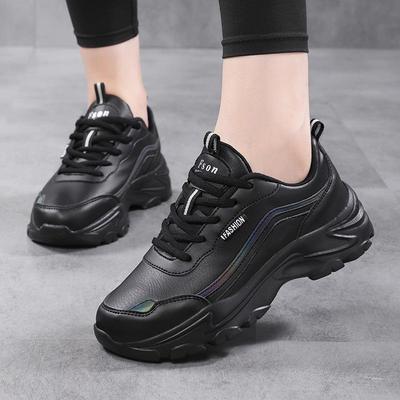 Scarpe Casual Impermeabili in Pelle Nera da Donna Autunnali - Leggere, con Suola Spessa, Antiscivolo, Stile "Dad Shoes", Fondo Morbido per Viaggio