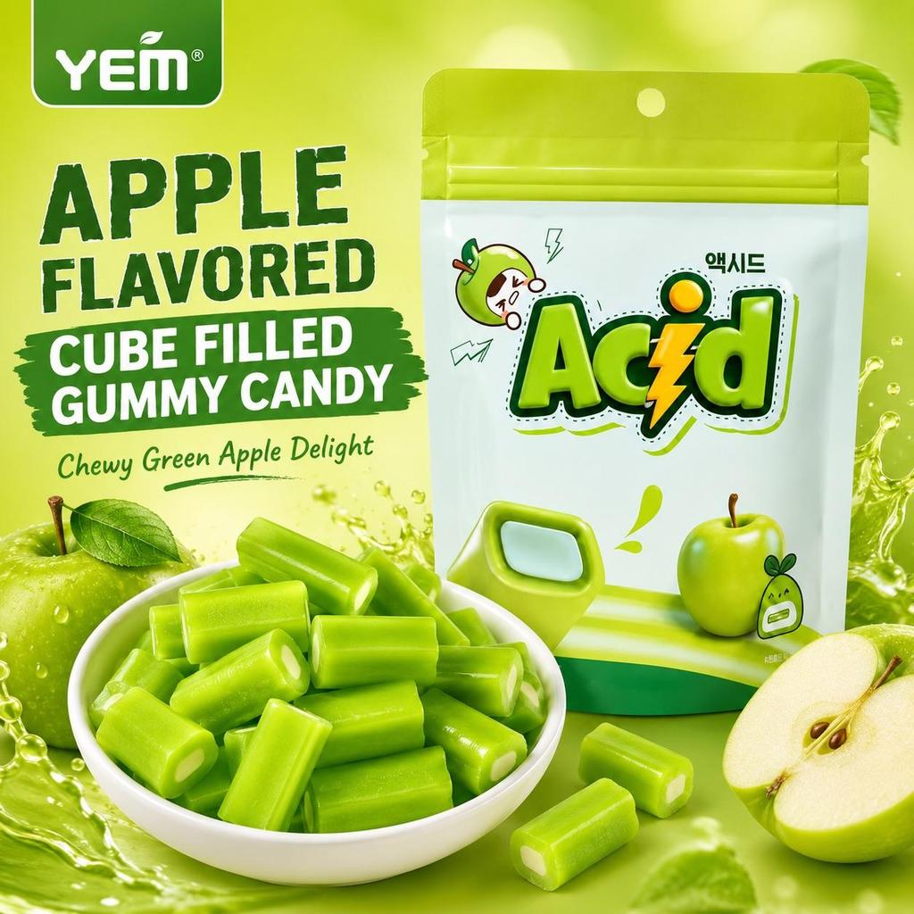YEM Apfel Geschmack Würfel Gefüllte Gummibonbons 70g | Frischer süßer Apfelgeschmack, weiche federnde Textur, fruchtige innere Füllung