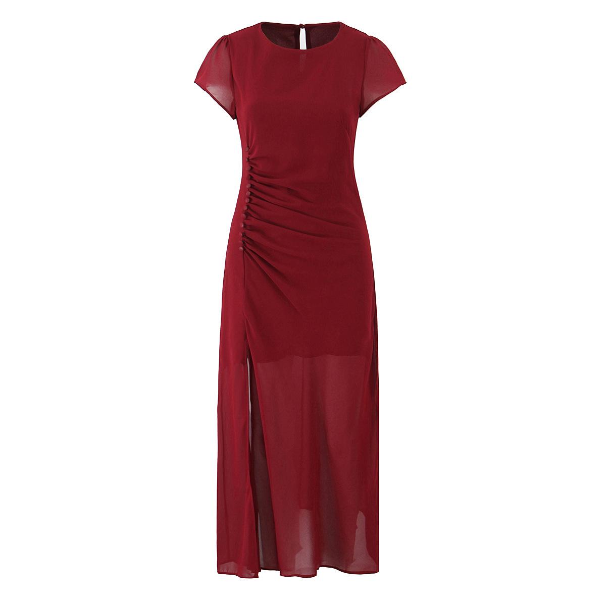 European Autumn Pleated Puff Sleeve Dress with Button Details 2025 Medium