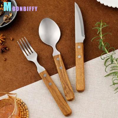 Western Knife, Fork and Spoon Tableware Stainless Steel Steak Knife Wooden Handle Steak Knife and Fork 3-piece Set