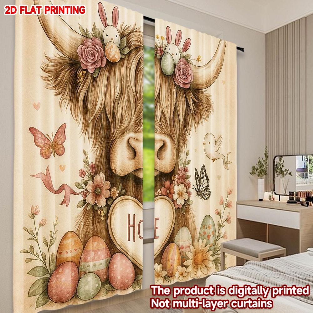 2D Flat Printing 2pcs Scene Curtain Cute Calf and Egg Pattern Digital Printed Polyester Drapes Party Decorations Use for Holiday