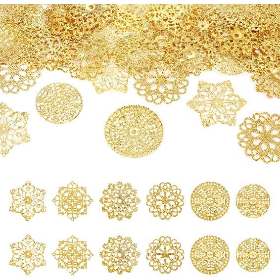 Cheriswelry 48pcs Flower Filigree Joiners Links Flower Golden Metal Dangle Charms Rack Plating Iron Etched Metal Embellishments 48~65mm for DIY Craft