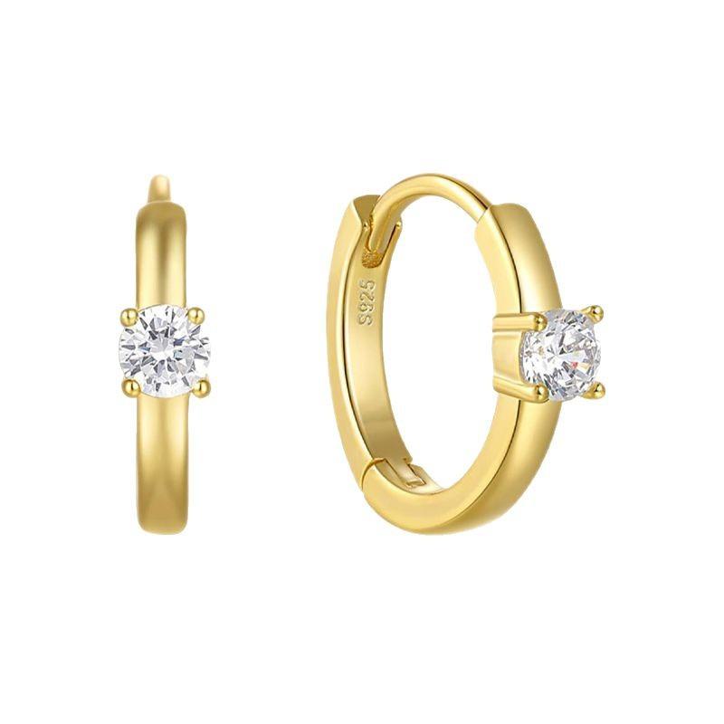 S925 Sterling Silver 18K Gold Plated Single Stone Huggie Hoop Earrings 4-Prong Set Cubic Zirconia Minimalist Earrings for Women