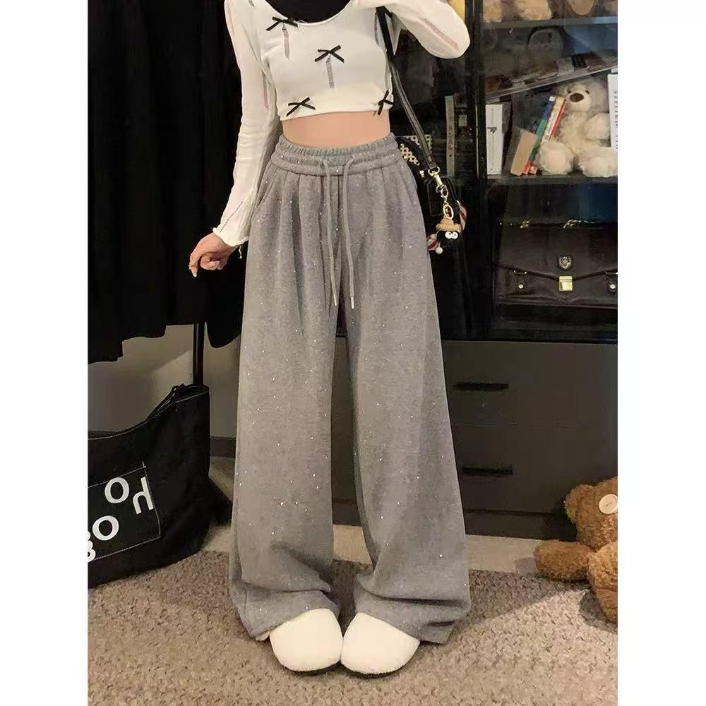 Pantaloni Larghi con Strass Stile Coreano da Donna - Grigio Scuro, Drappeggio Ampio, Lunghezza Pavimento, Autunno/Inverno 2026