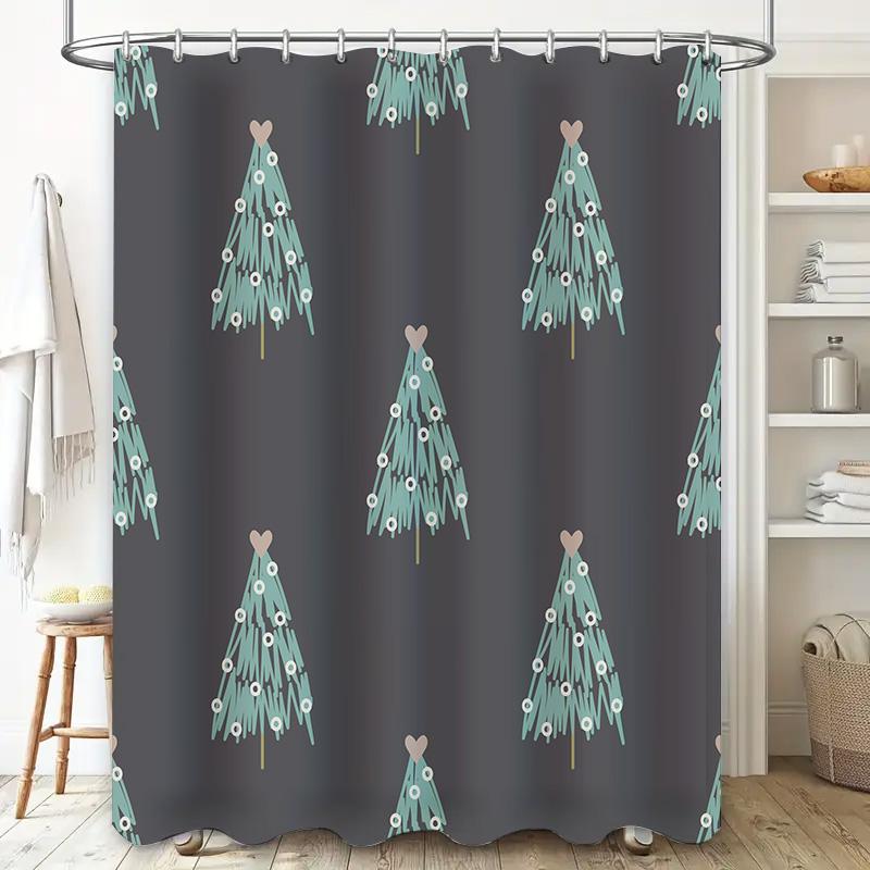 Blue Christmas Tree Shower Curtain with Heart Shaped Top Design for Bathroom Decor Waterproof Fabric Decoration (86x174cm)