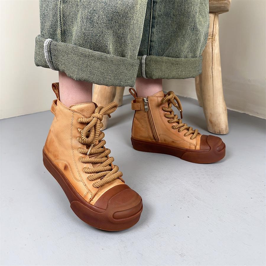 

Johnature, короткие сапоги из натуральной кожи с круглым носком, универсальные женские туфли на платформе на шнуровке в стиле ретро на плоской подошве