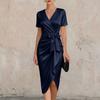 Women's V Neck Satin Short Sleeve Bowknot Wrap Sheath Dress Elegant Slim Fit Midi Dress for Formal Events Office Wear