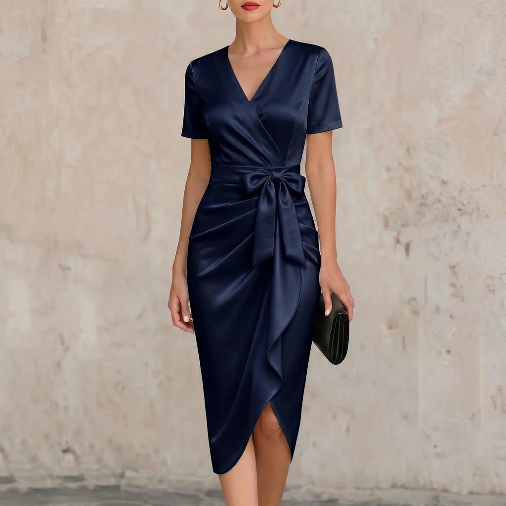 Women's V Neck Satin Short Sleeve Bowknot Wrap Sheath Dress Elegant Slim Fit Midi Dress for Formal Events Office Wear