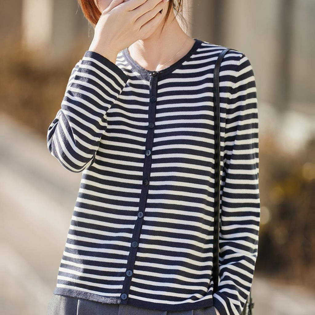 Women's Striped Round Neck Knit Cardigan - Spring & Autumn Casual Loose Fit