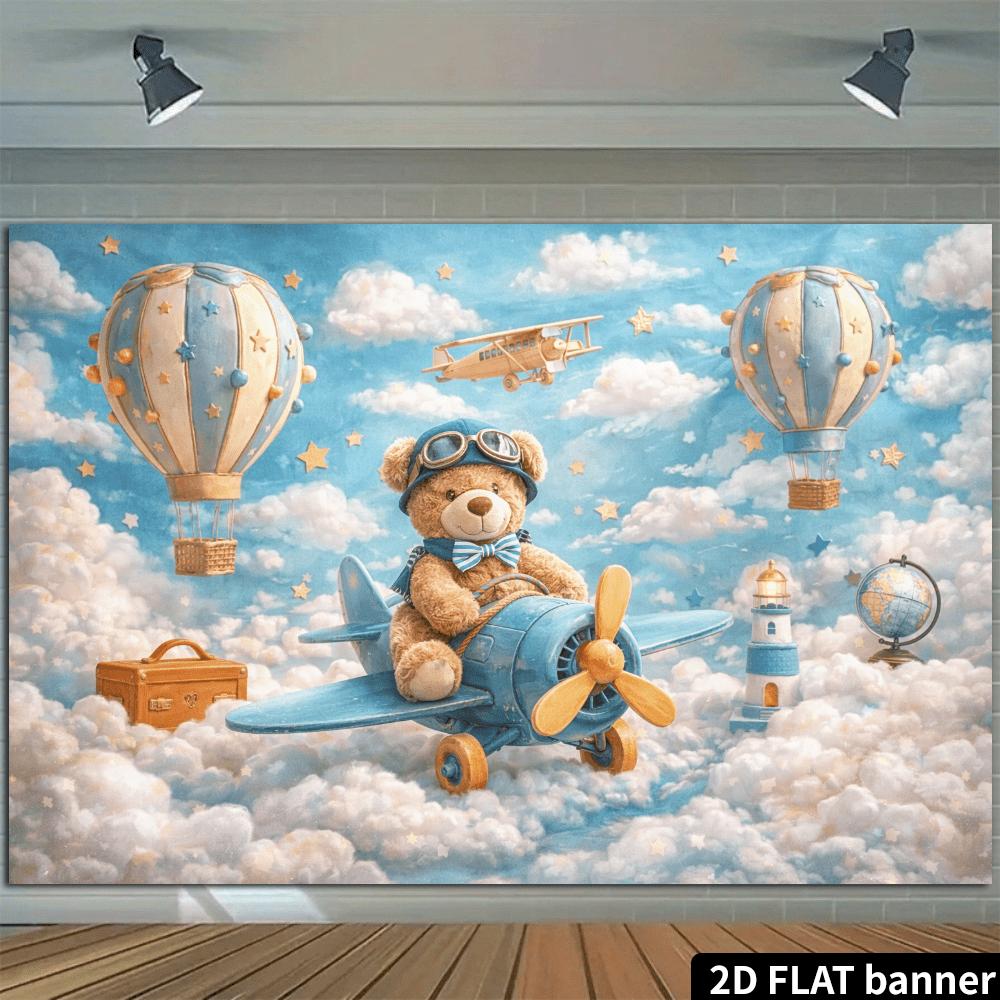 A cartoon airplane and hot air balloon against a sky background, with blue sky and white clouds as the backdrop