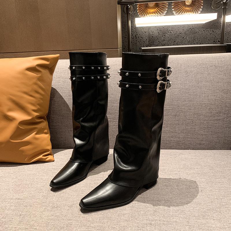 Fashion Designer Rivet Woman Knight Boots Shoes Ladies Elegant Thick Heel Trouser Legs Long Botas Autumn Winter Women's Booties