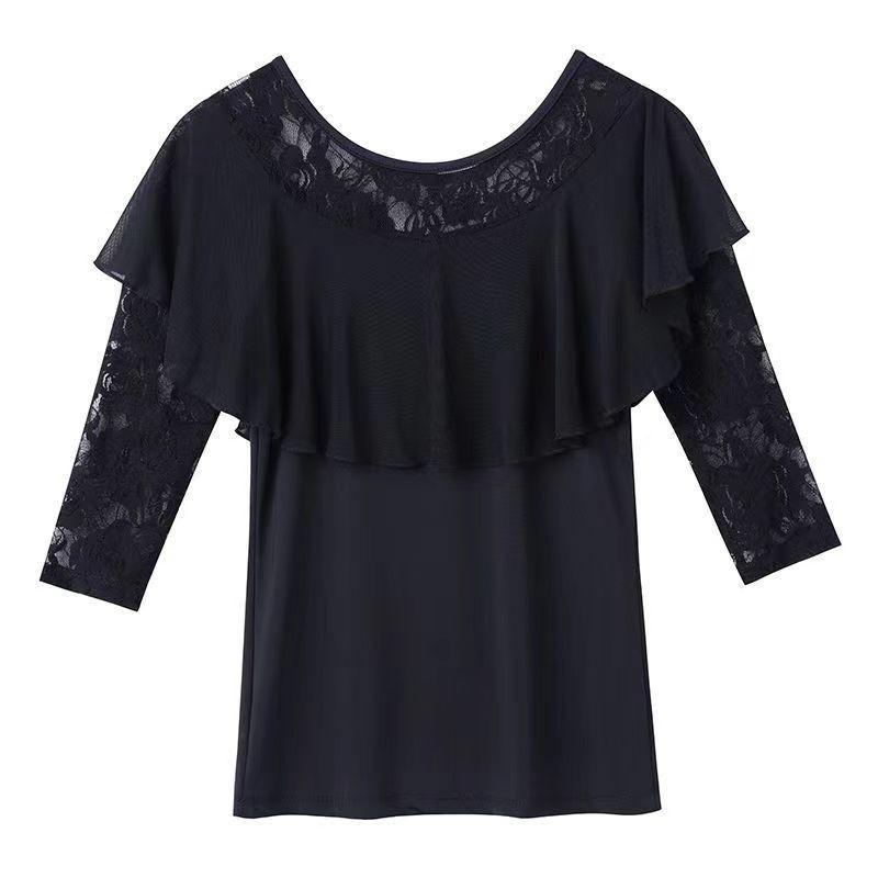 Womens Latin Dance Top With 3/4 Sleeves Round Neck Practice Wear Ballroom Dancing Fall Winter