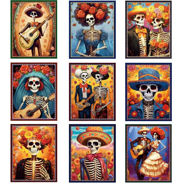 Adduster Day of The Dead Poster - 9 Piece Day of the Dead Decorations Sugar Skull Wall Art Sugar Skull Art Print for Mexico Day Day of the Dead Colorful-Style 1