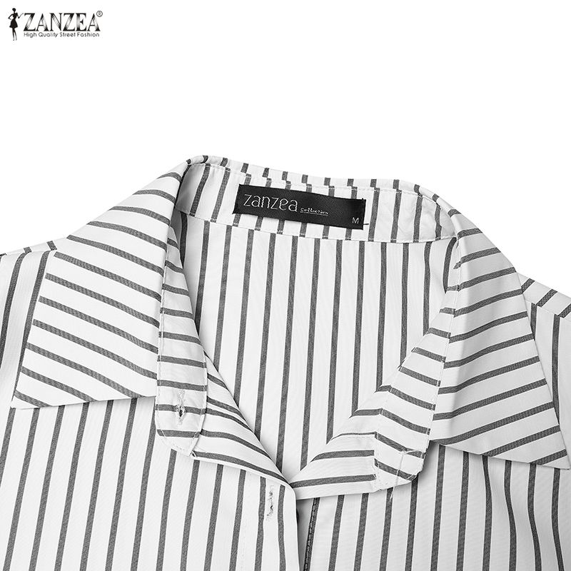 ZANZEA Women Elegant Casual Turn Down Collar Short Sleeve Loose Stripe Dress