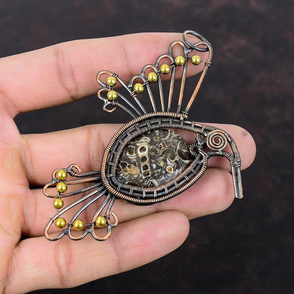 Turritella Agate Pendant Copper Wire Wrapped Pendant Gemstone Pendant Bird Pendant Copper Jewelry Engagement Gift Handmade Wire Wrap Jewelry