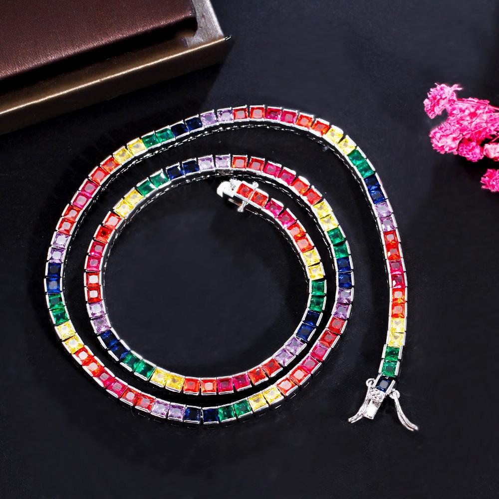 

Хип-хоп Ожерелье с бриллиантами в один ряд, Радужный циркон, 4 мм, Цветной квадратный циркон, Теннисная цепочка, Хипстерские украшения