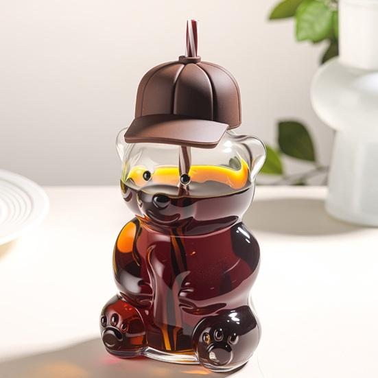 Gobelet d'apprentissage en forme d'ours avec couvercle à paille 600 ml Joli gobelet en verre pour café glacé, thé au lait, jus Lavable au lave-vaisselle Réutilisable Tasse froide pour la maison, le bureau, les voyages