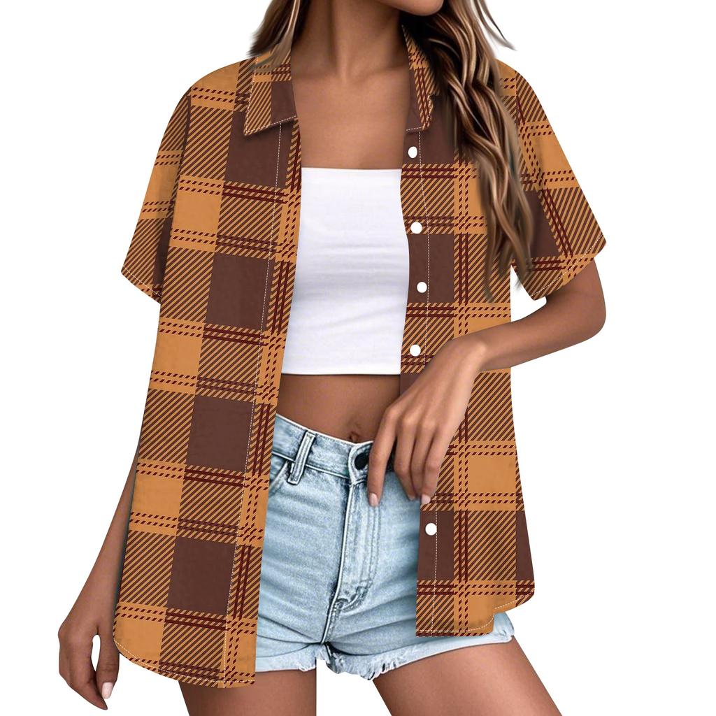 Women Casual Loose Fit Short Sleeve Button Down Collar Shirt Plaid Pattern Lightweight Summer Top