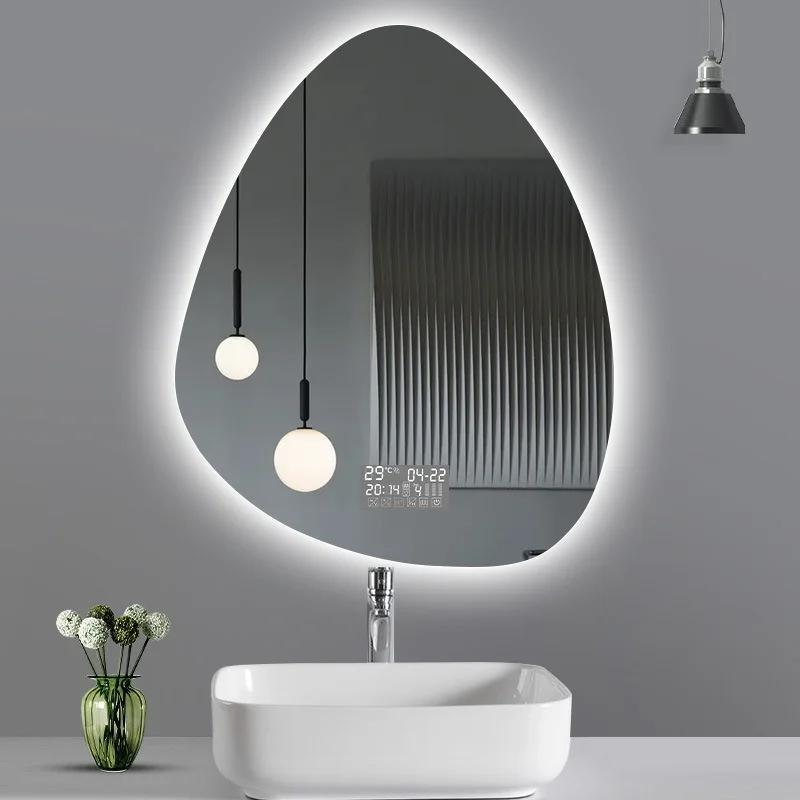 Vertikaler unregelmäßiger Badezimmerspiegel für die Hotelgarderobe, intelligentes 3-farbig einstellbares LED-Multifunktionslicht mit Bluetooth-Lautsprecher