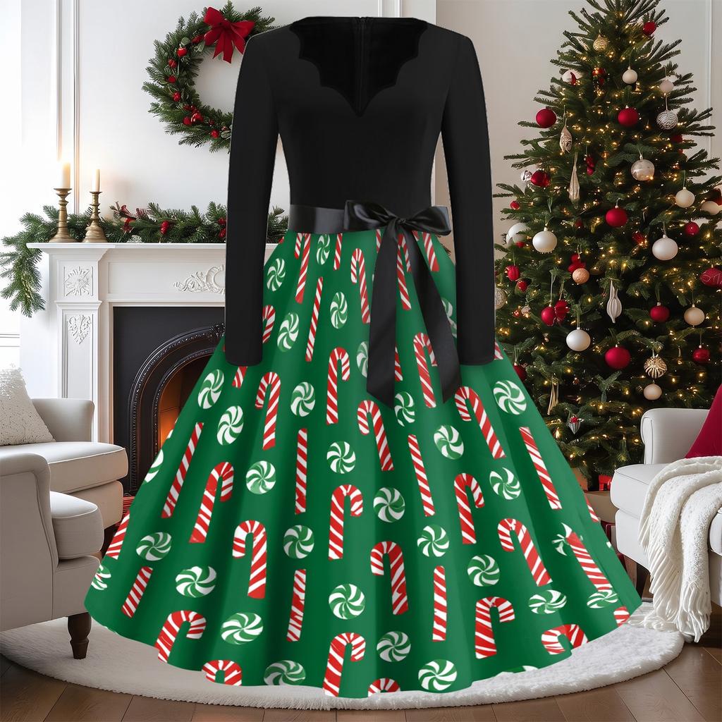 Women's Vintage V-Neck Long Sleeve Christmas Print Casual Dress