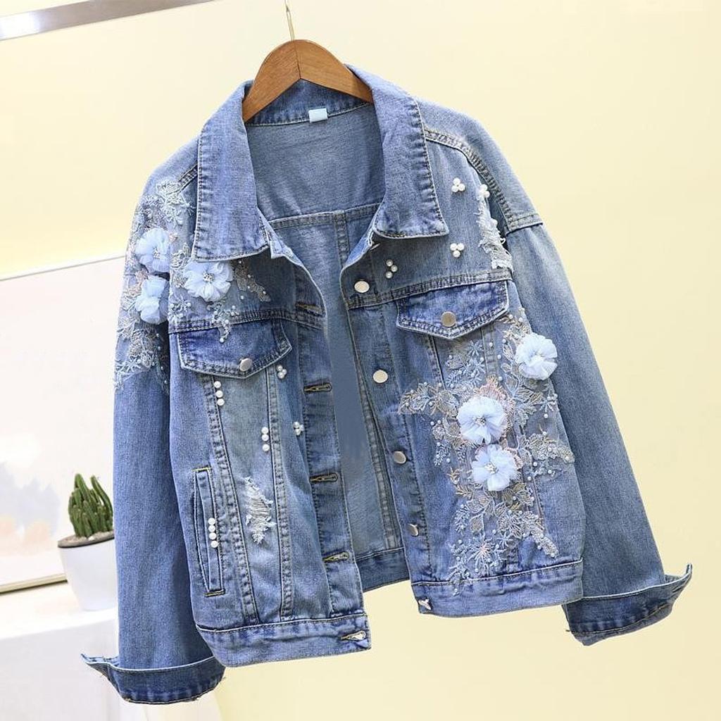 Denim Short Jacket For Women, Loose Jacket With Embroidered Three-dimensional Flowers And Holes