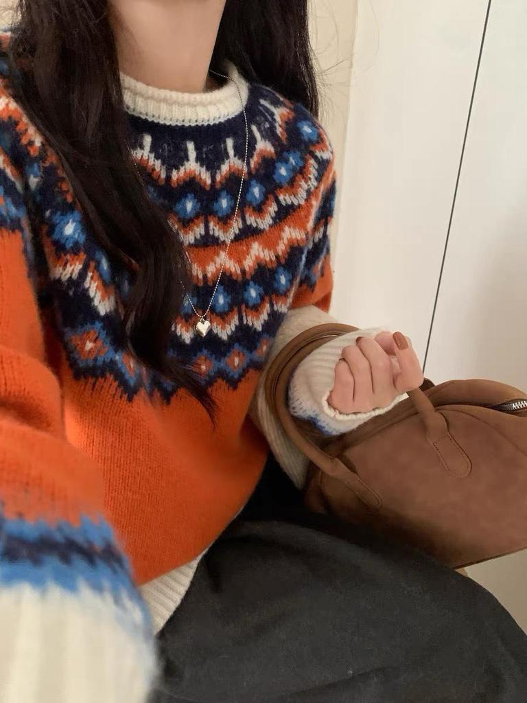 Women's Retro Fair Isle Color Block Wool Sweater for Autumn/Winter 2026