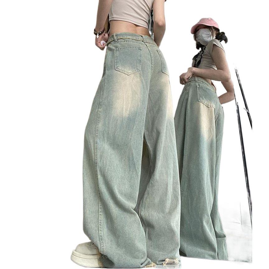 Women's Retro Washed High-Waist Wide Leg Jeans - Distressed and Slimming Style for Spring & Autumn