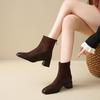 Autumn New Fashion Boots Women's Shoes Winter Medium Heel Thick Heel Square Head Suede Rear Zipper High Heel Short Boots