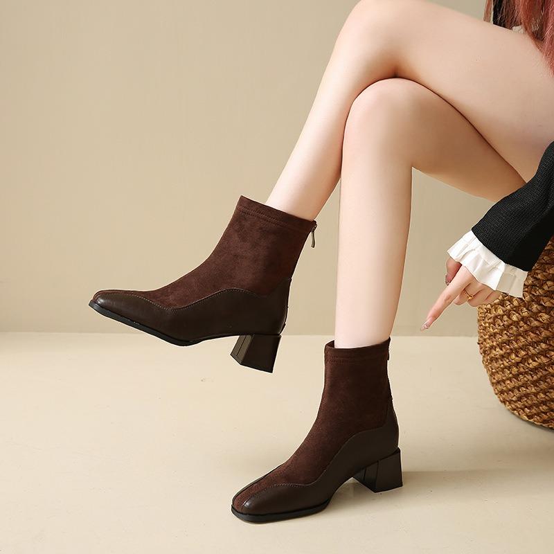 Autumn New Fashion Boots Women's Shoes Winter Medium Heel Thick Heel Square Head Suede Rear Zipper High Heel Short Boots