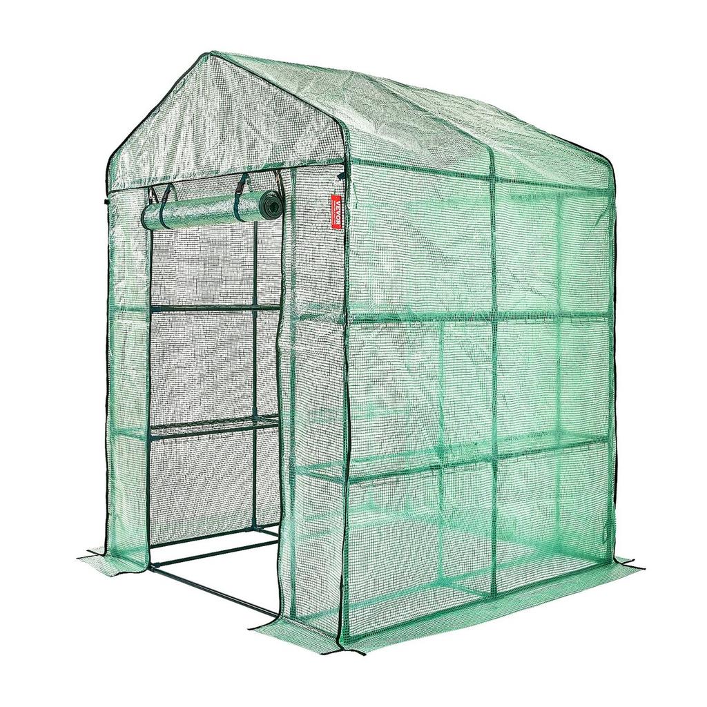 Walk-in Green House, 4.6 X 4.6 X 6.6 Ft Greenhouse with Shelves, Set Up In Minutes, High Strength PE Cover with Doors & Windows and Steel Frame,