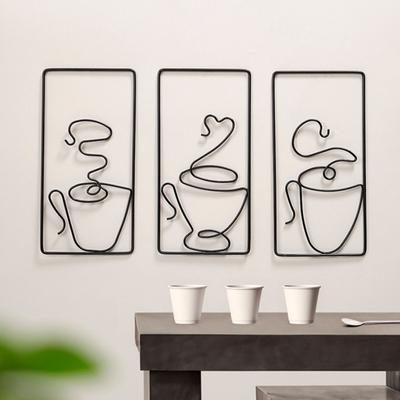 Framed Coffee Cup Metal Wall Art Vintage Iron Wire Cup Bar Decor Cafe Themed Wall Hanging Sign for Restaurant Kitchen Shop Home Office