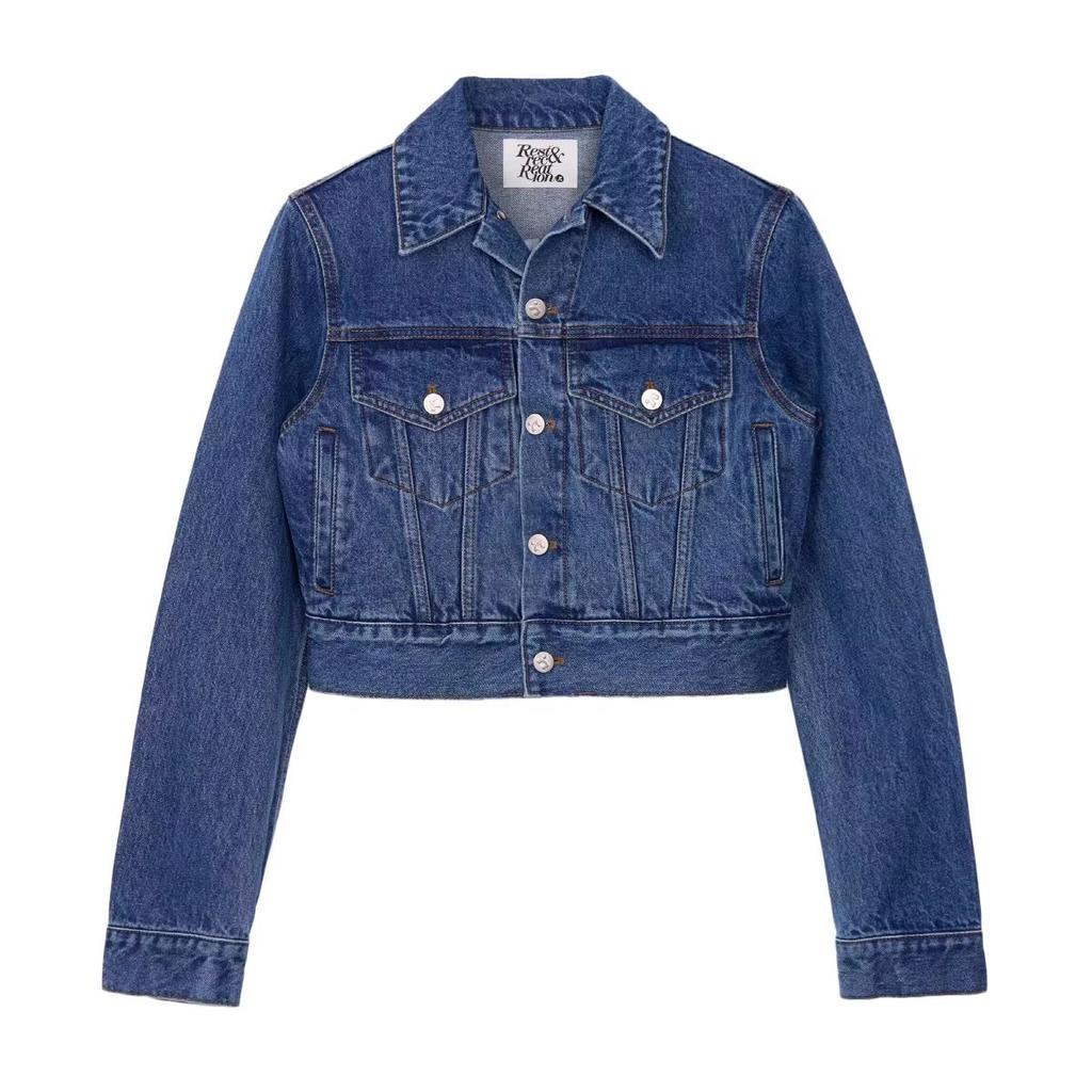 Women's Turn Down Collar Long Sleeve Cropped Jacket Slim Fit Korean Denim Jacket Single Breasted Vintage Washed Casual Outerwear Coat