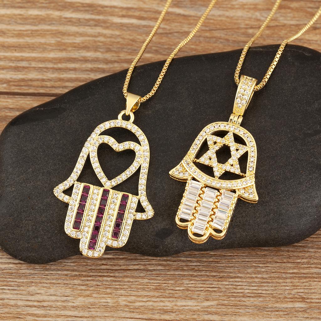 AIBEF Turkish Crystal Heart/Star Hand Palm Hamsa Pendant Necklace Copper Zircon Jewelry For Women Gift  Dropshipping