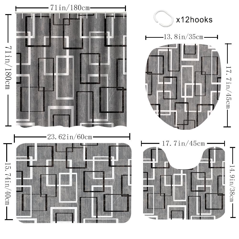 1/4 Geometric Grid Shower Curtains, Toilet Seat Decoration, Shower Curtain With Carpet And Toilet Lid, 12 70.8X70.8 Inch Hooks