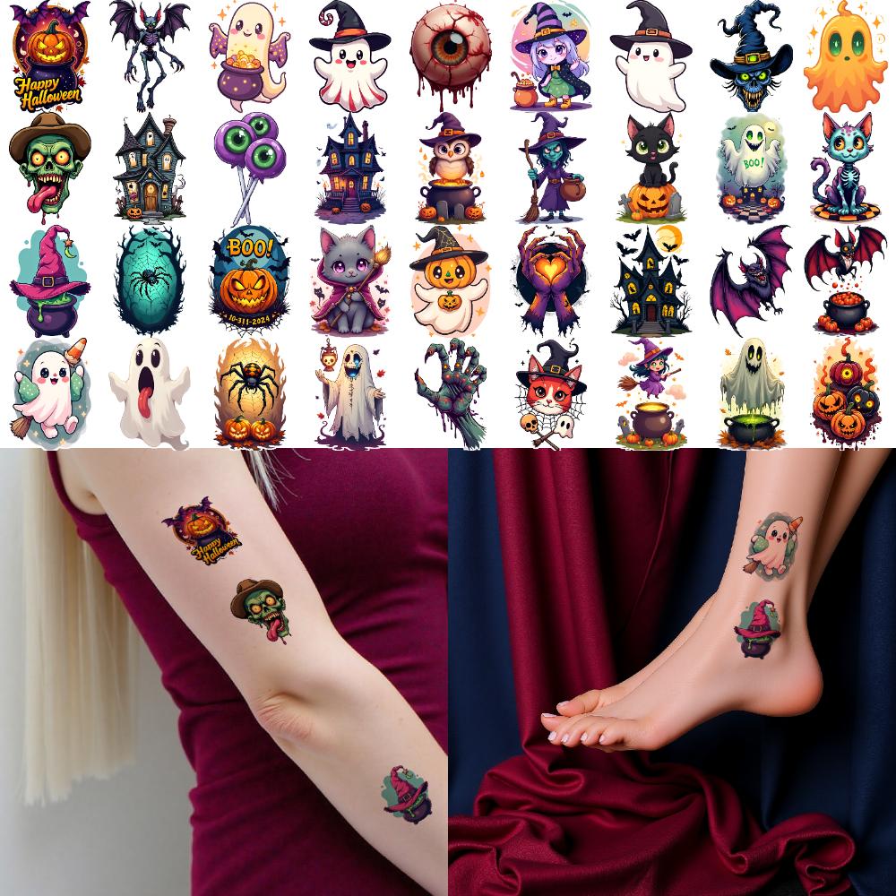 54pcs Temporary Tattoo Skull Stickers Cartoon Cat Stickers Pumpkin Stickers For Cheeks