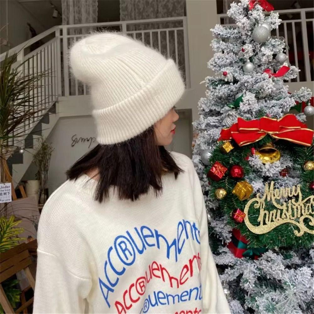 

Winter Warm Knit Beanies Thickened Rabbit Fur Skullies Cap Windproof Cycling Hats for Women Men White