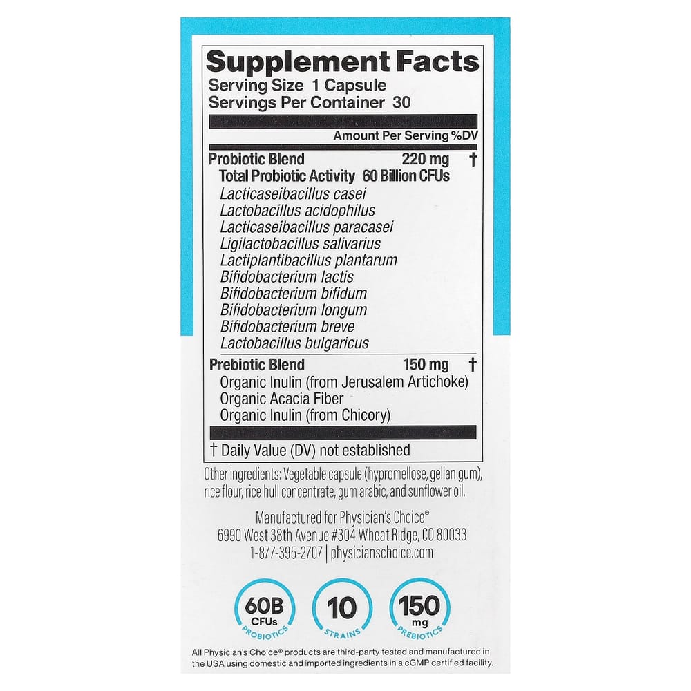 Physician's Choice 60 Billion Probiotic Delayed Release Veggie Capsules 30 Count