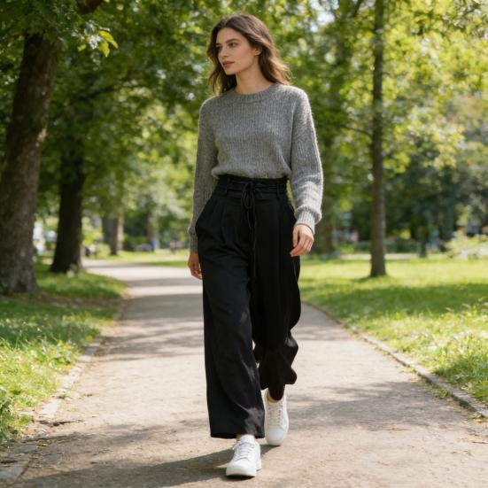 Women Pants High Waist Lace-up Casual Wide Leg Trousers with Pockets Pure Color Design Loose Fit Long Pants Daily
