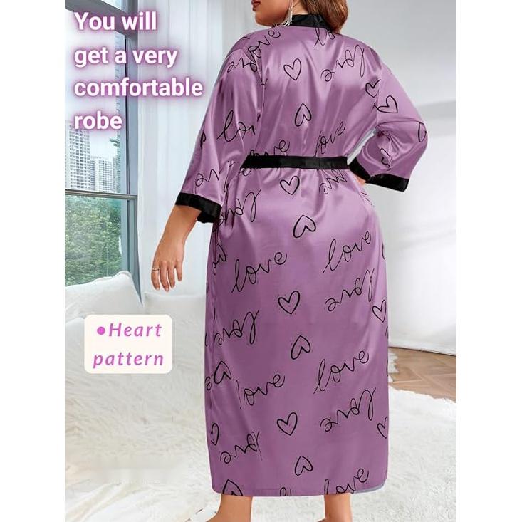 Women's Plus Size Valentines Robe, Sexy Satin Robe Long Sleepwear