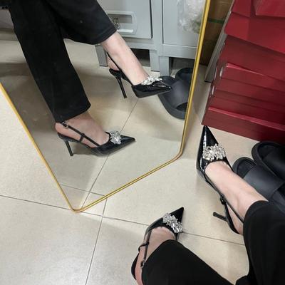 Spring New Black High Heels Pointed Temperament Rhinestone Bag Head Empty Word with Sandals Female Sexy