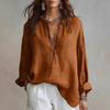 Women S Minimalist Style Cotton Linen Long Sleeve V Neck Shirt