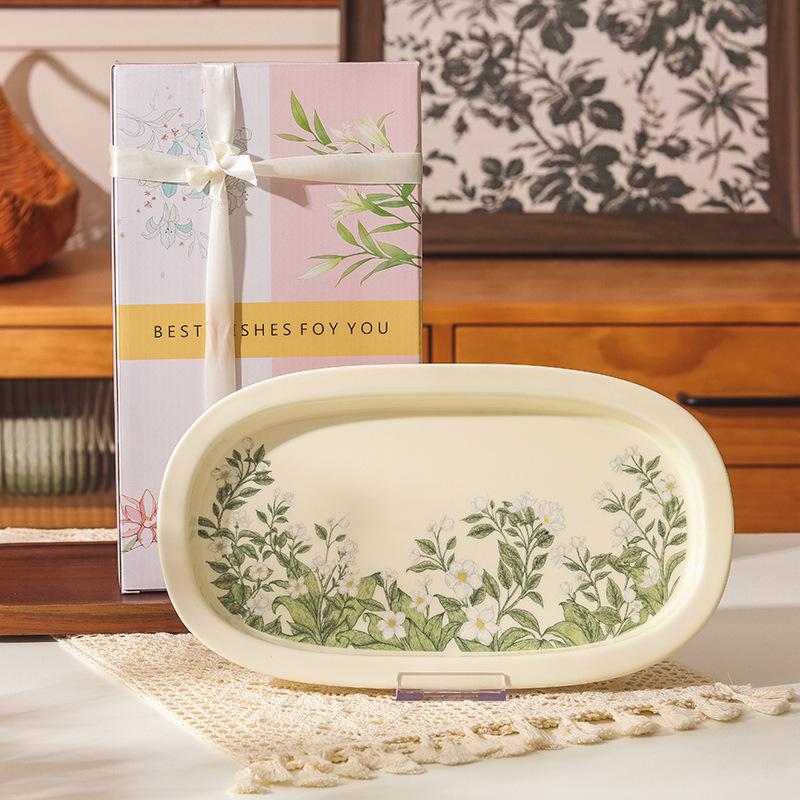 Retro Crape Myrtle Flower Ceramic Tableware Set High Value Dish Set Household Vegetable Plate Soup Plate Rice Bowl Soup Gift