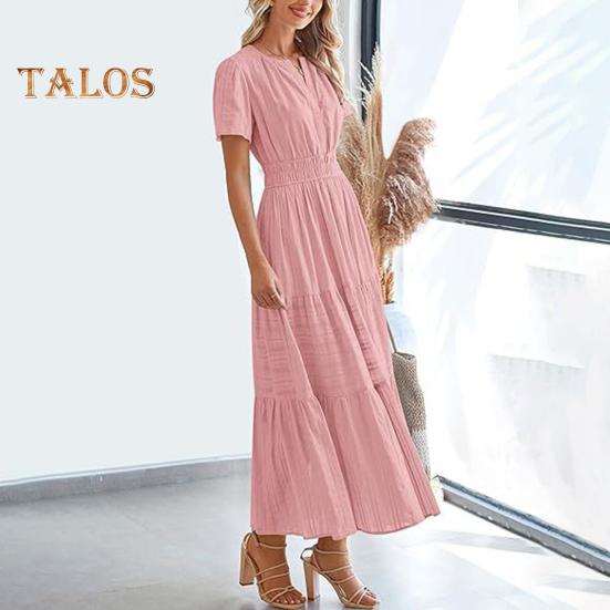 Damska letnia sukienka maxi, swobodna, dekolt w serek, krótki rękaw, warstwowa, luźna sukienka, marszczona talia, plisowana długa sukienka