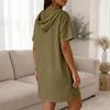Women Hooded Short Sleeve Dress with Zipper Front Pockets Casual Straight Fit Knee Length Pullover