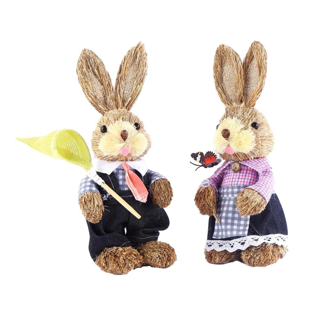 2Pcs Easter Bunny Figurines Easter Decor Cartoon Cute Creative Straw Rabbit Statue for Tabletop Yard Patio Lawn Bookshelf