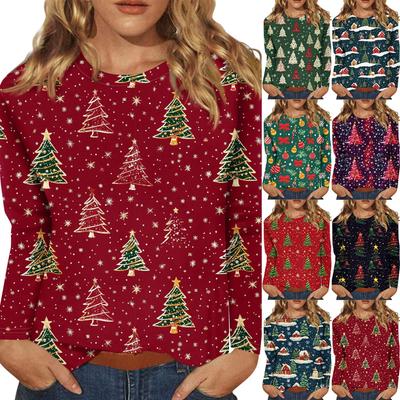 Women's Fashion Casual Christmas Print Round Neck Long Sleeve Decorative T-Shirt Top